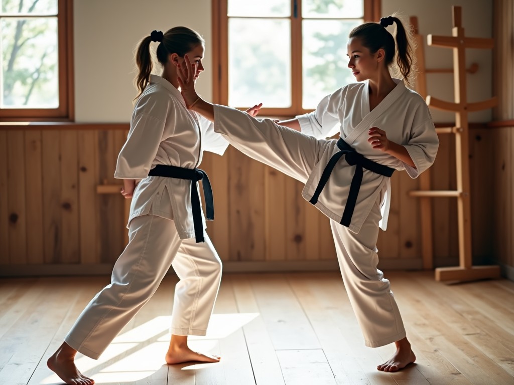 The image features two women engaged in a martial arts practice session. They are wearing traditional karate uniforms with black belts. One woman is executing a high kick directed at her training partner's hand, showcasing agility and skill. The room is well-lit with natural light filtering through large windows. The wooden floor and interior elements reflect a calm, focused training environment.