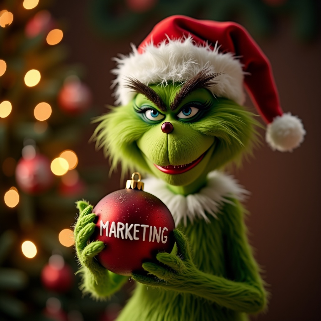 Grinch character holds a Christmas ornament named MARKETING. Background has Christmas lights.