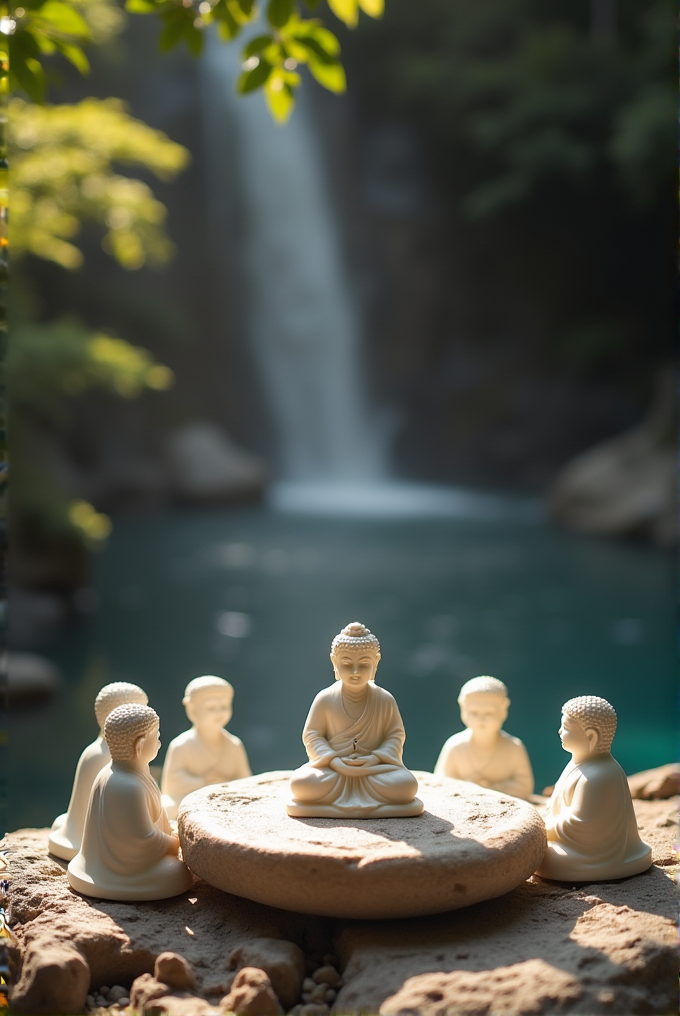 Small Buddha statues are gathered on a rock with a waterfall in the background.