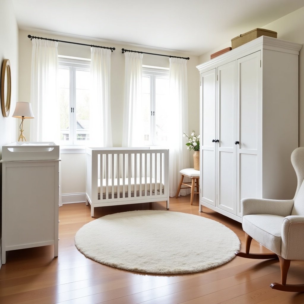 Bright and spacious nursery room designed for twin baby girls. Features two white cribs. Includes a white changing dresser. A large white wardrobe is in the room. Room has a rocking chair. Round rug adds softness to the space.