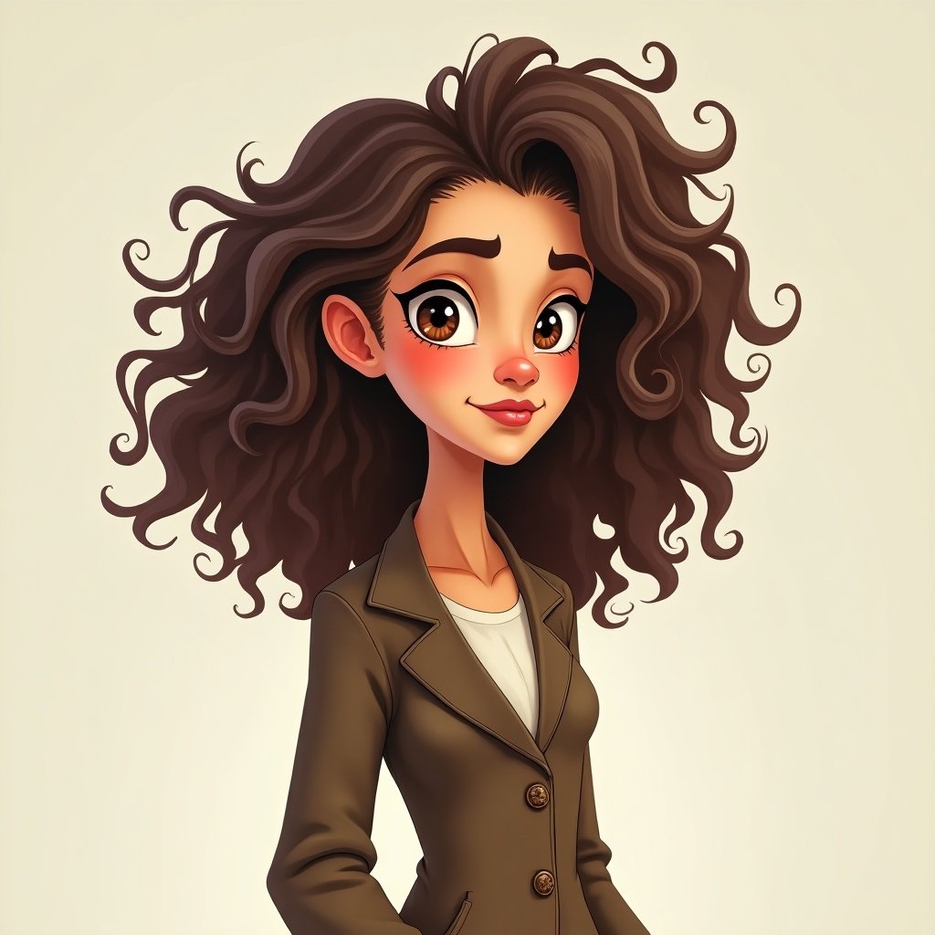 Young female character. Oval face with round nose. Brown curly hair and eyes. Slim body with a creative outfit.