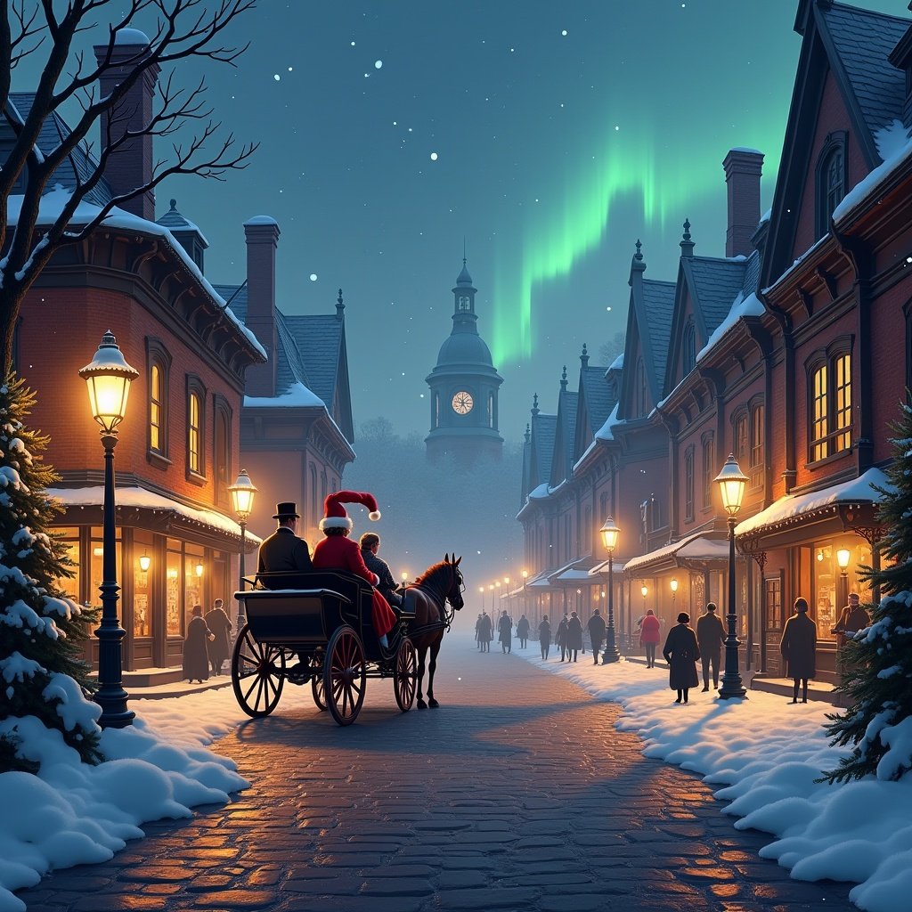 Magical Christmas scene in Victorian-era town square. Dusk lighting with gas lanterns. Cobblestone streets lined with shops. Horse-drawn carriage carrying passengers in vintage holiday attire. Santa tipping hat from a rooftop. Gentle snowflakes falling with northern lights.