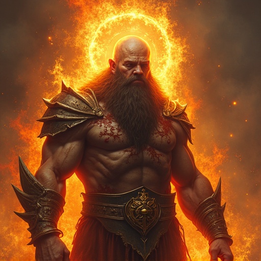 Image features a powerful dwarven warrior. The character is muscular with intricate armor. Background is filled with a glowing halo. The scene reflects strength and divine themes.