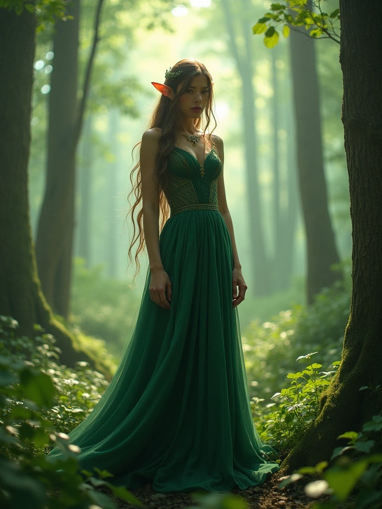 Female elf stands in a lush green forest. She wears an elegant green dress. Her long hair flows elegantly. The atmosphere appears magical due to soft light filtering through the trees. The setting is tranquil and enchanting.