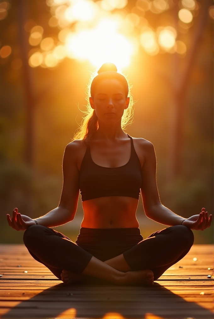 A person sits cross-legged in a yoga meditation pose on a wooden deck, silhouetted against a vibrant sunrise, with soft bokeh of trees in the background.