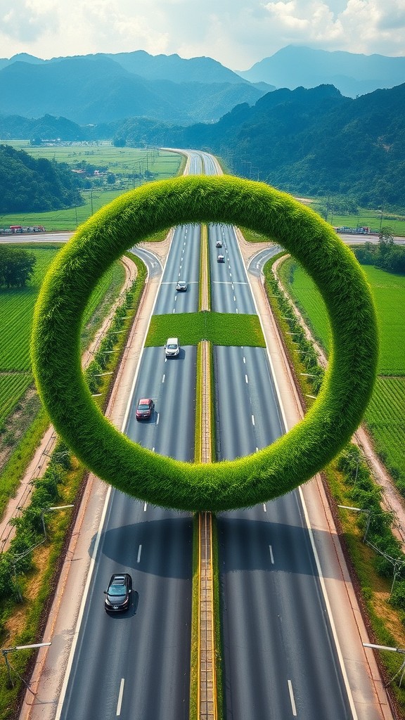 A surreal green circle bridges a divided highway against a backdrop of rolling hills.