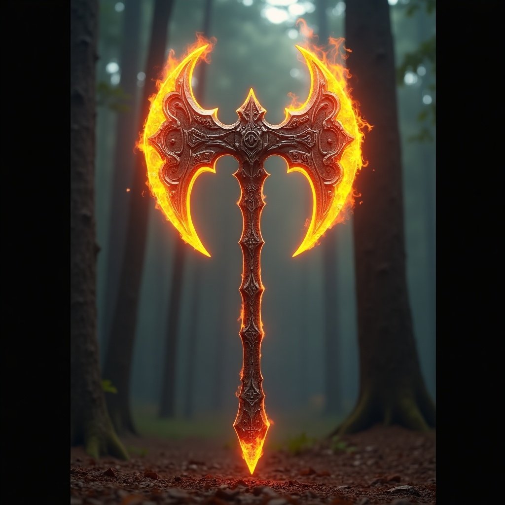 Create a legendary axe that is double bladed and on fire. The axe should have intricate designs on its handle and blades. It is set in a dark forest with a mystical atmosphere.