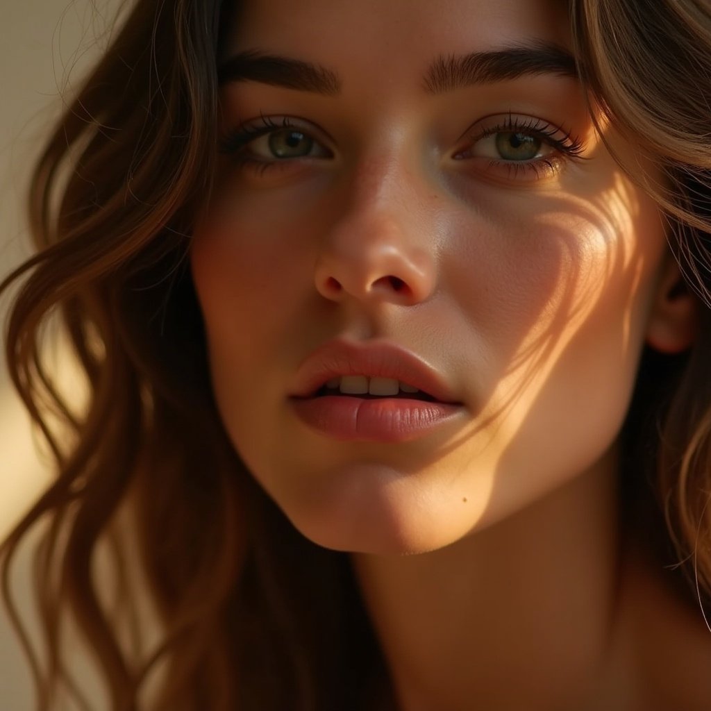 Close-up shot highlighting hair features. Soft lighting enhances warmth. Focus on texture and flow of hair. Atmosphere feels inviting and serene.