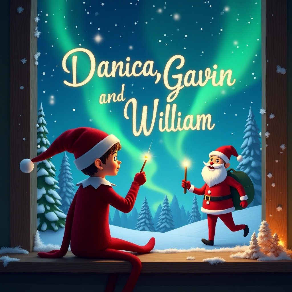 This enchanting image features an elf on the shelf, turned towards the sky, using a wand to write names in the air. The background is a stunning winter scene filled with shimmering northern lights. Santa can be seen nearby, bringing joy to the festive atmosphere. The names Danica, Gavin, and William magically appear in the night sky. The overall tone is whimsical and festive, perfect for the holiday season. It's a delightful illustration that captures the magic of Christmas.