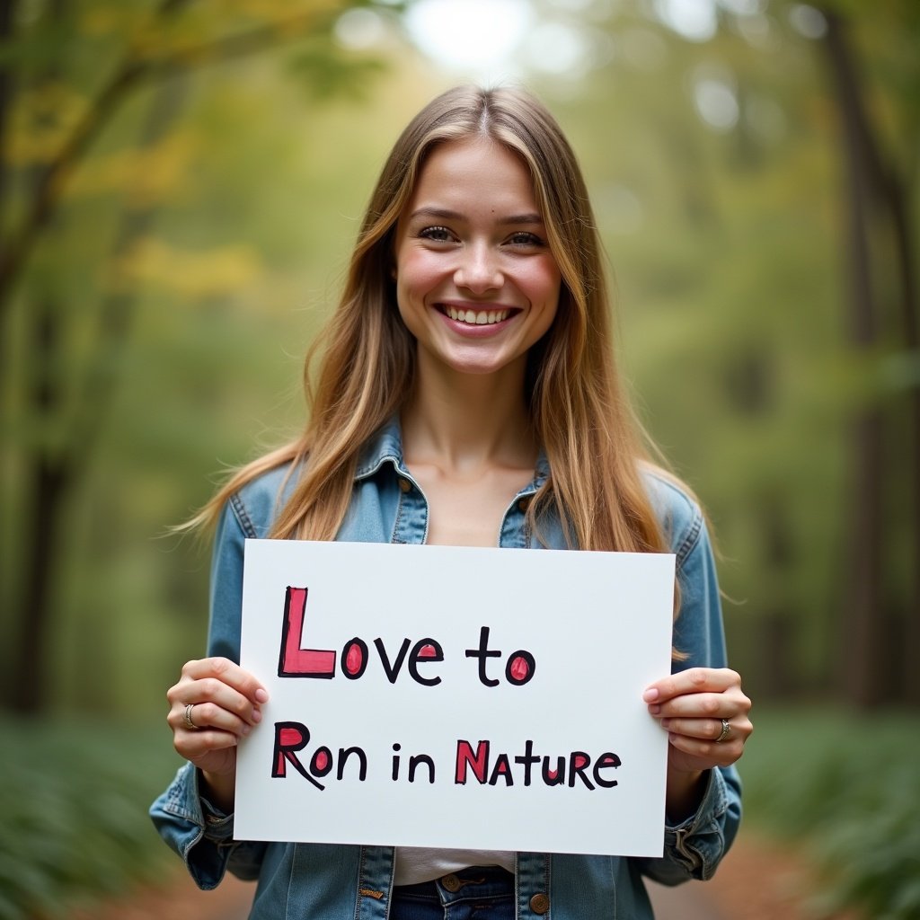 Joyful woman in a natural setting. She holds a sign that says Love to Ron. Surrounded by green trees. Smiling expression. Outstretched arms. Casual attire. Soft sunlight highlights her hair and the sign.