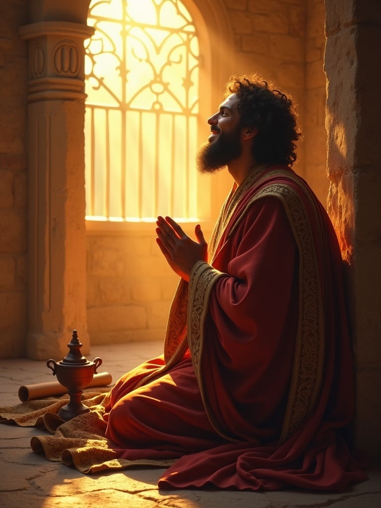 Daniel kneels in prayer beside a window. He has a joyful expression radiating tranquility. His robe features intricate details reflecting vibrant dawn hues. A scroll rests beside him and a soft clay lamp provides gentle illumination. The scene captures peace and spirituality with a warm atmosphere.