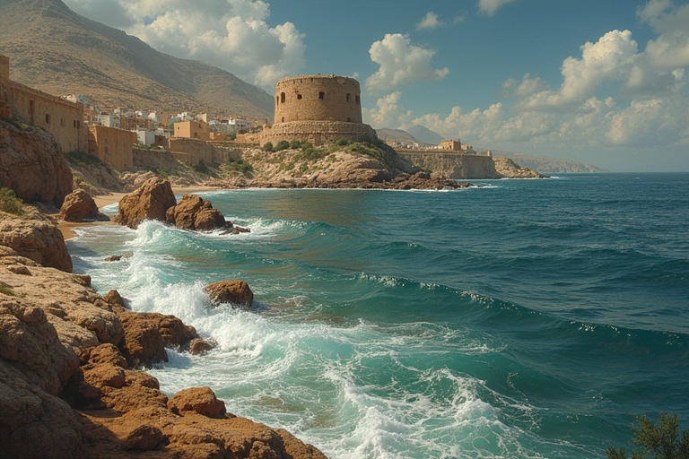 A scenic seaside view in Pakistan. A historical stone tower stands along the coast. Waves crash against rocky shorelines. Mountains rise in the background under a cloudy sky. The image evokes a sense of tranquility and adventure.