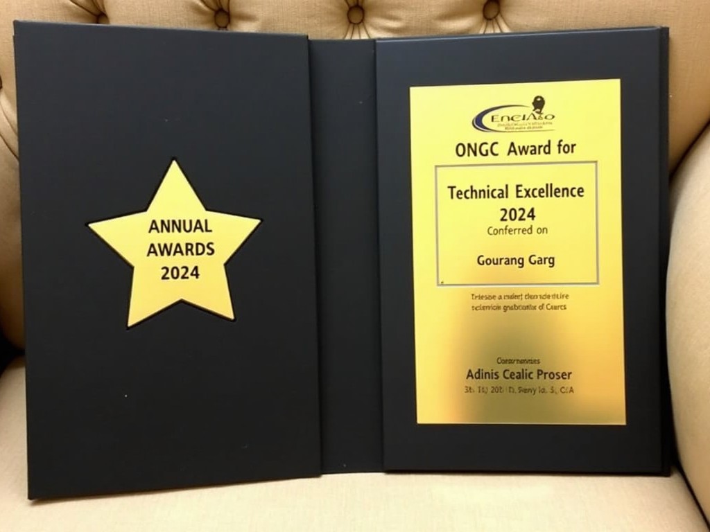 A photograph of an ONGC award for Technical Excellence 2024, with a gold star emblem and a gold plaque on a black background, displayed on a cushioned surface.