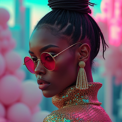 Futuristic avant garde couture concept featuring a model in vibrant sunglasses. The setting includes a bright and colorful backdrop, enhancing the luxurious and edgy fashion atmosphere. The model is posed artistically with detailed focus on fashionable elements and accessories.