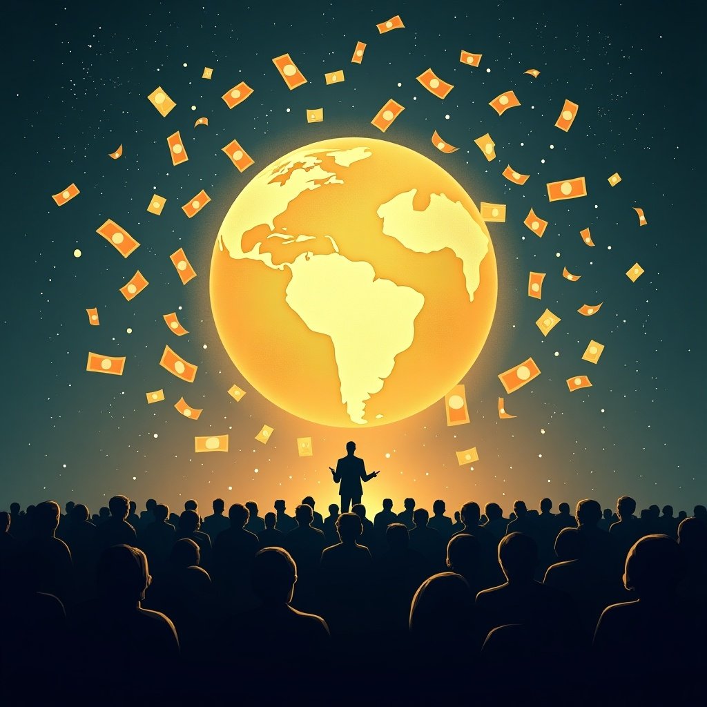 Digital illustration of a glowing Earth surrounded by floating money. Silhouetted figures address a large audience. Depicts themes of global economy and financial influence.