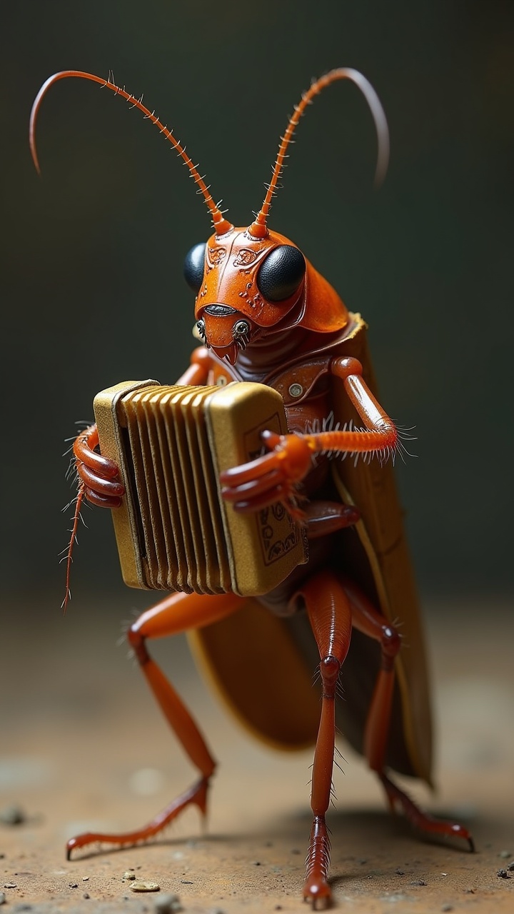 A cockroach playing an accordion, demonstrating a whimsical and surreal concept with realistic details.