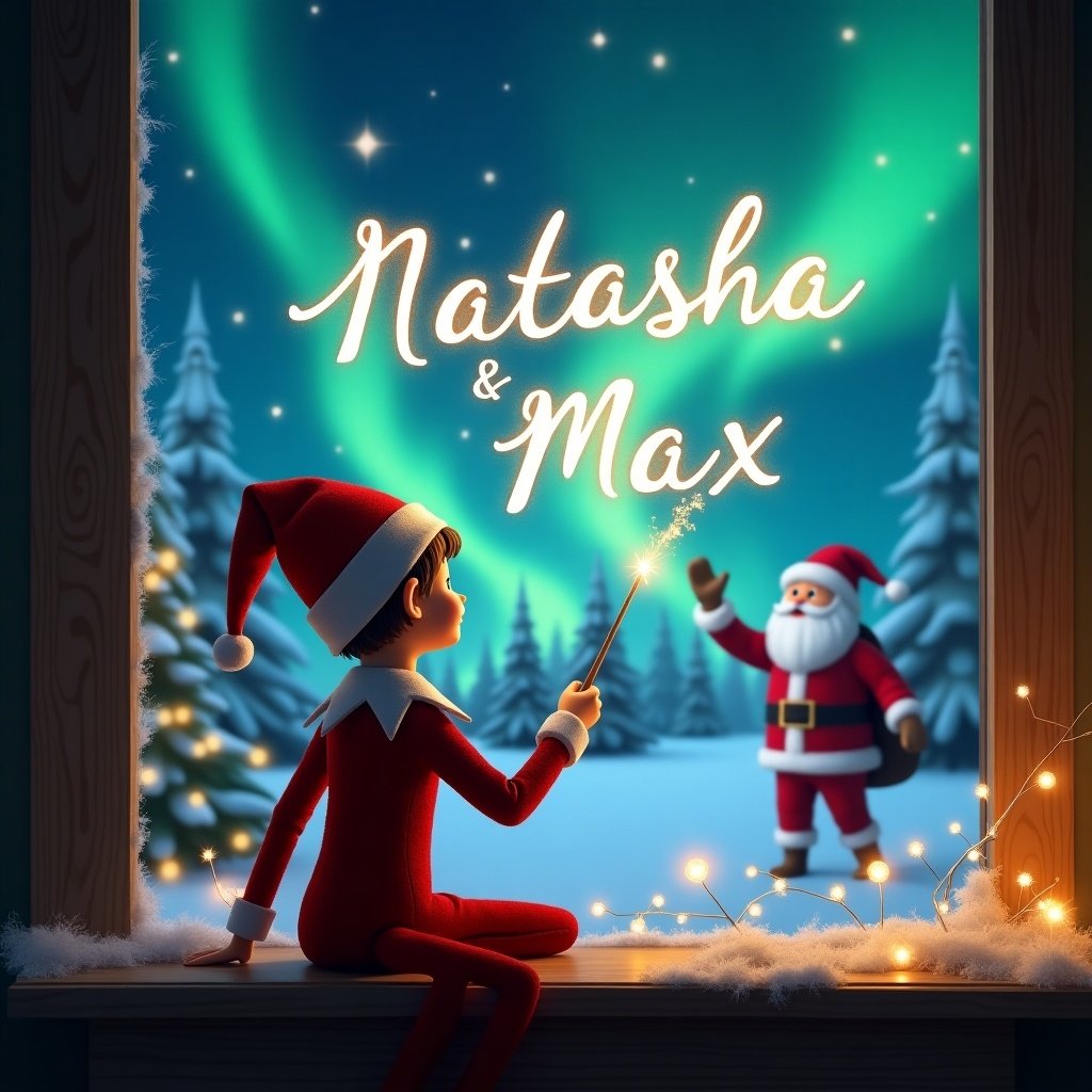 An elf on the shelf is depicted sitting with its back to the viewer, gazing at a beautiful night sky. The elf is using a magical wand to elegantly write the names 'Natasha' and 'Max' in sparkling light. The background showcases a magical Christmas scene with vibrant northern lights illuminating the sky. In the distance, Santa Claus stands joyfully, adding to the festive spirit. This enchanting image captures the essence of holiday whimsy and magic, perfect for celebrating the season.