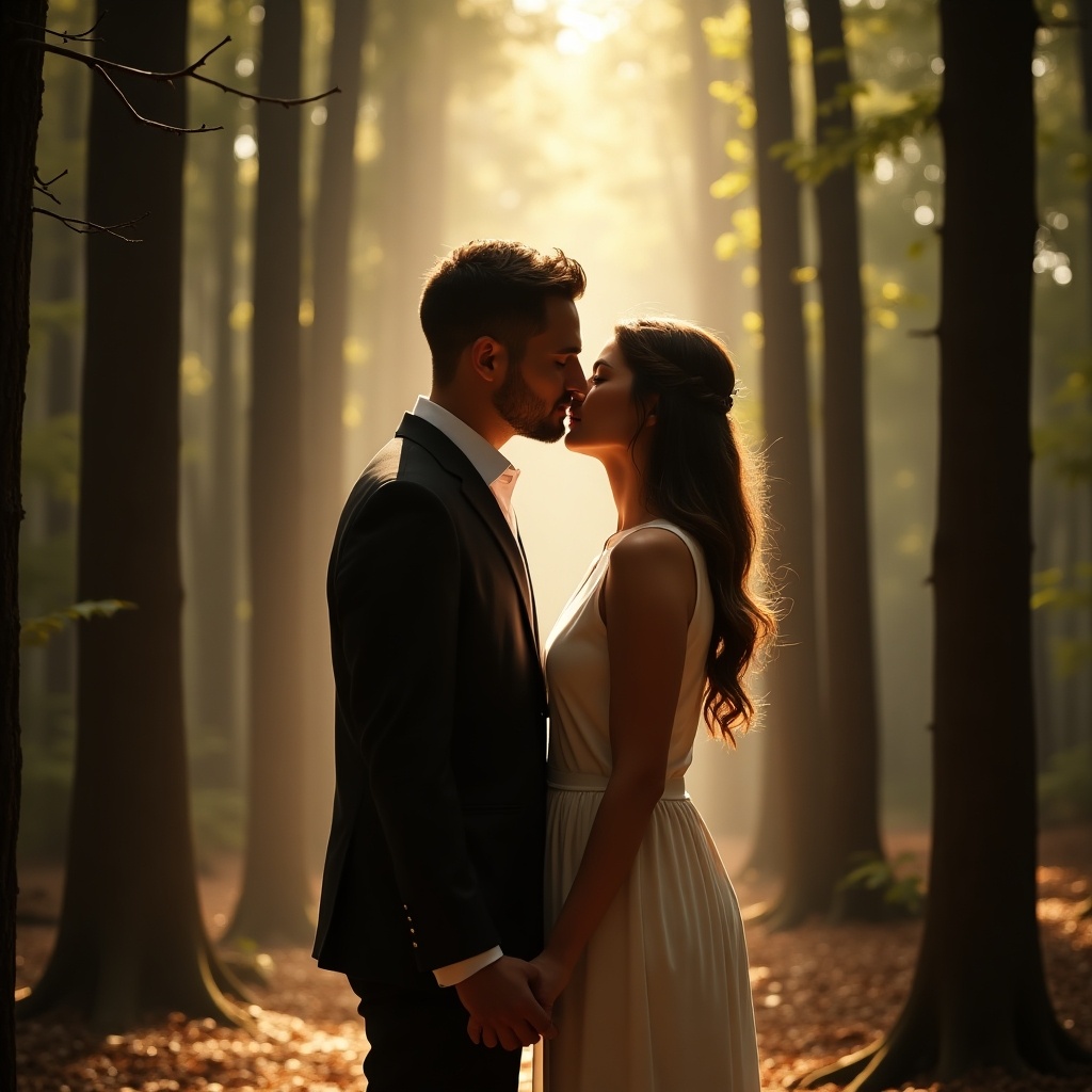 A couple kisses tenderly in a serene forest setting, surrounded by tall trees. The sunlight filters through the foliage, creating a magical atmosphere. They stand close, holding hands, showcasing their connection. The woman wears a beautiful white dress, while the man is elegantly dressed. This moment captures love and intimacy in nature's embrace.