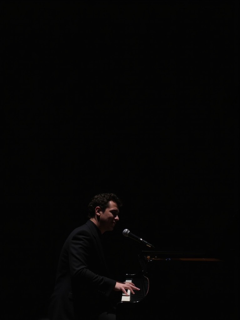 Person plays piano while singing. Black background creates an elegant and mysterious atmosphere. Low-light setting enhances the mood.