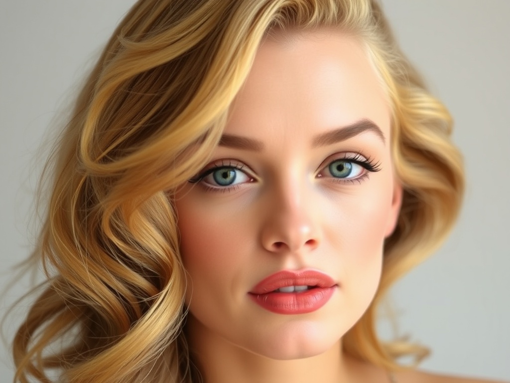 This image captures a close-up portrait of a woman with striking features, including bright green eyes and blonde hair styled in soft waves. The focus on her face is enhanced by delicate makeup that accentuates her lips and eyes. The background is a soft blur, drawing attention to her symmetrical features and serene expression.