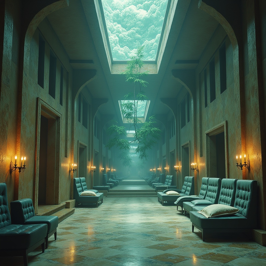 This image depicts a surreal place designed for tranquility, called the Dimension Zero. It features a mystical interior with variable dimensions, making it appear spacious. The corridors, doorways, and furniture shift, creating a labyrinthine effect. The skylight reveals a tree, enhancing the calm atmosphere. Themes of spiritual evolution and encounters with the unknown are prevalent in this artwork.