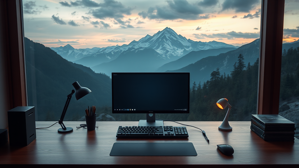 A wooden desk with a computer setup overlooks a stunning mountain landscape.