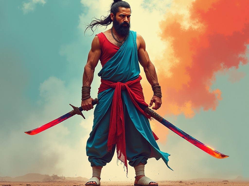 The image depicts a fit and thin Indian warrior standing confidently in a dramatic pose. He is wearing a samurai-style shirt and a traditional dhoti, adorned in vibrant blue and red colors. On his feet, he sports white crocs or flip-flops. In each hand, he holds a katana, illuminated with shiny red and blue shades, emphasizing his readiness for battle. The background features a colorful gradient of orange and turquoise, enhancing the warrior’s striking appearance, creating an air of intensity and strength.