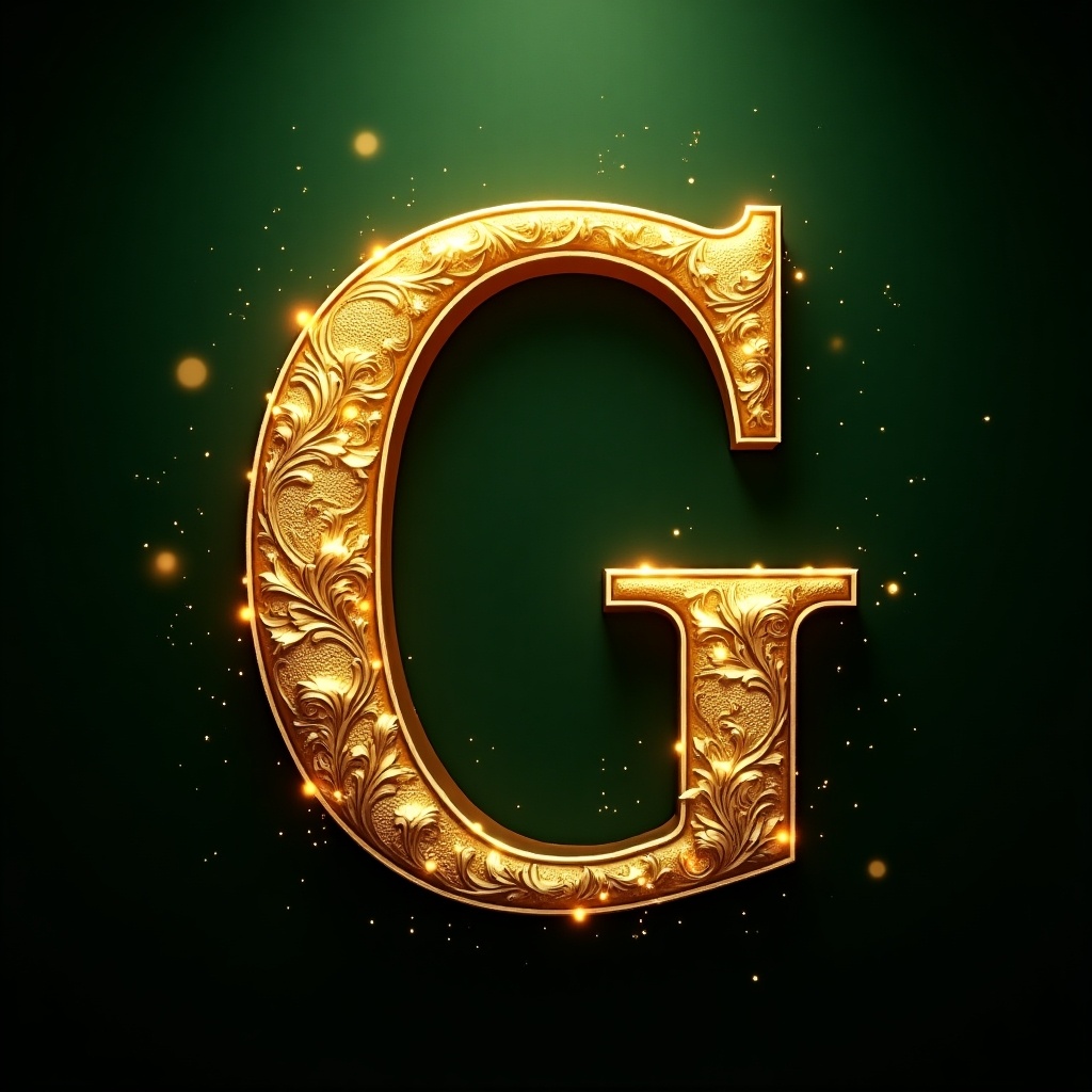 Richly embellished golden letter G. Intricate designs cover the letter. Dark green background enhances the gold. Glowing particles surround the letter.