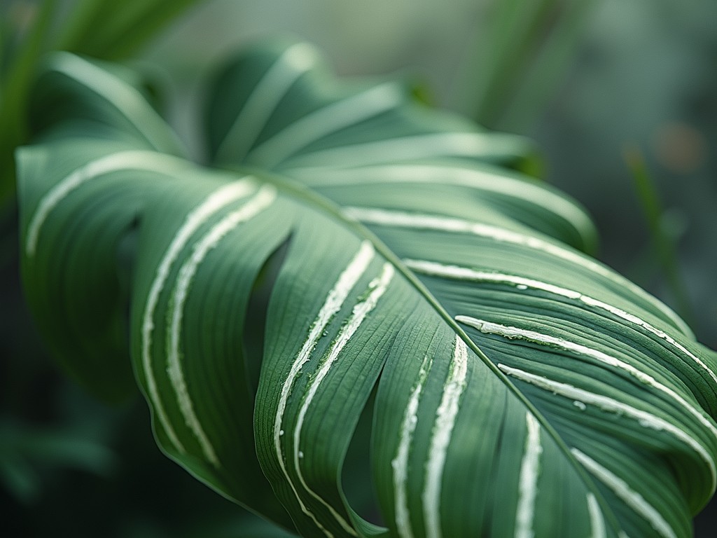 Close-up of a green leaf with distinctive white streaks.