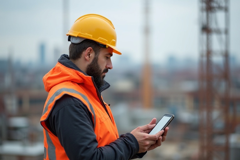 A construction worker wearing an orange safety vest and yellow hard hat is using a smartphone on site. The background shows a blurred construction environment with cranes and buildings.