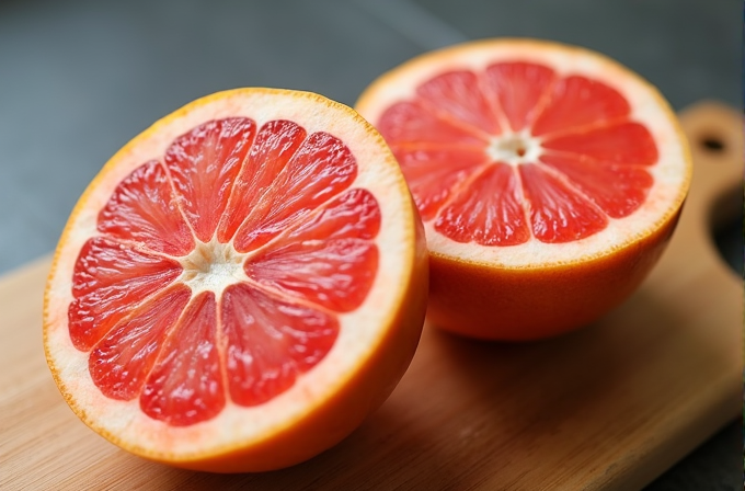 Two grapefruit halves with vibrant red pulp are displayed on a wooden surface.