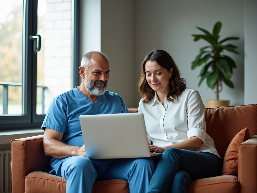 A man in scrubs and a woman in casual professional attire sit on a couch, engaging with a laptop, with a window and plant in the background.