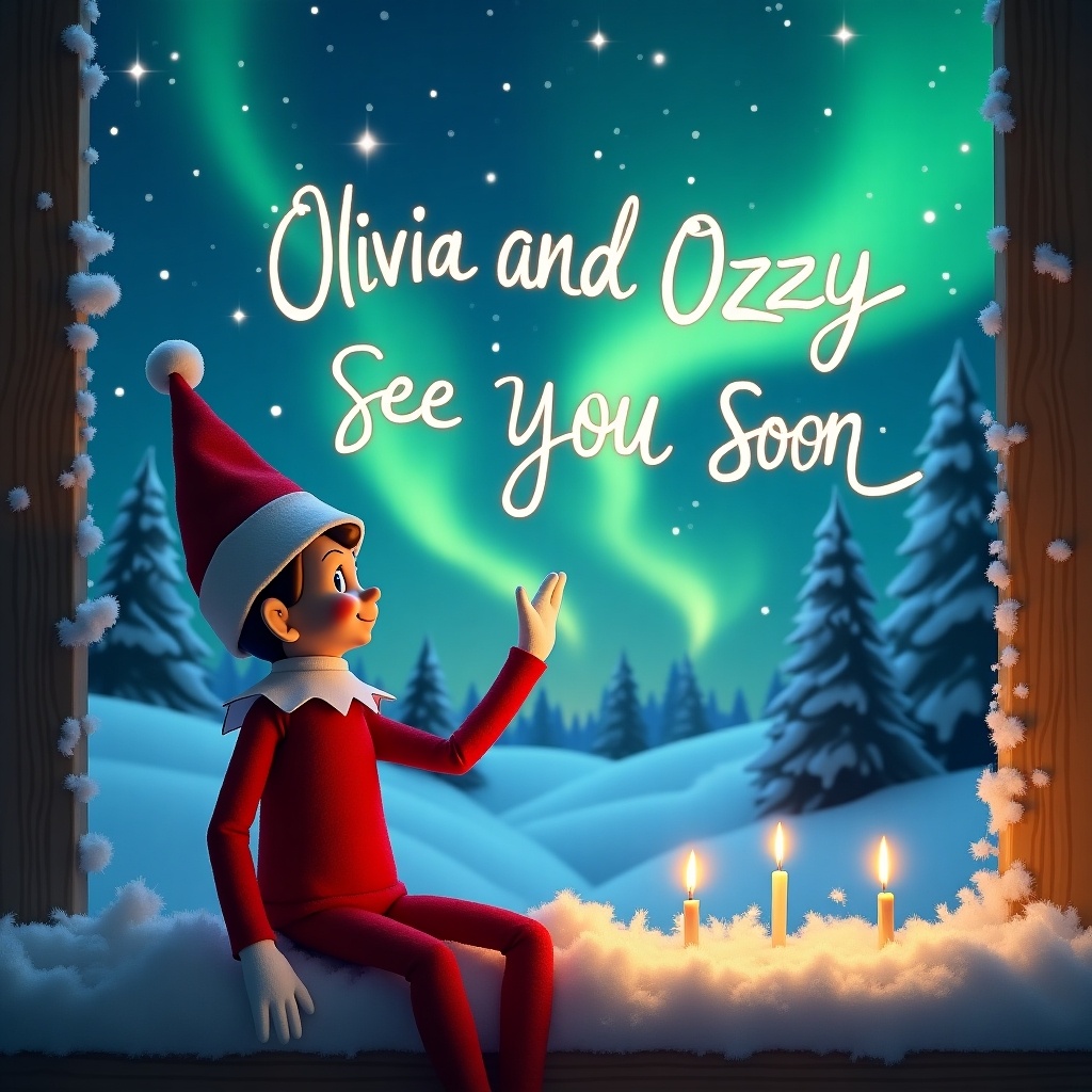 The image features an elf sitting in a snowy setting, reminiscent of winter holidays. He wears a traditional red and white outfit with a pointed hat, waving at viewers. In the night sky, the text 'Olivia and Ozzy See You Soon' is written among the colorful northern lights. The scene is illuminated by soft candlelight, enhancing the festive feel. Snow-covered trees can be seen in the background, creating a magical winter atmosphere.