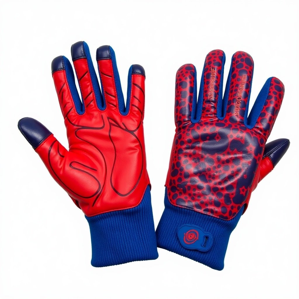 Football gloves in red and blue colors. The gloves display the word Motorade on them. They have a padded design for grip. Cuffs are knitted for comfort.