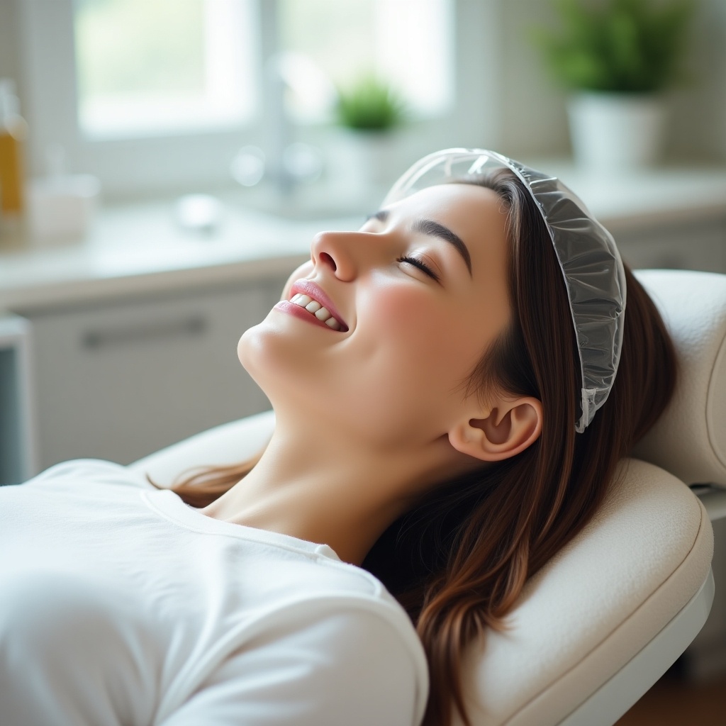 The image features a young woman reclining in a dental chair, surrounded by a soothing environment. She is wearing a transparent protective cover, indicating a beauty treatment or dental procedure. The room is well-lit with natural light, creating a calm atmosphere. Her expression is relaxed and serene, suggesting comfort and confidence in the treatment. The background includes soft colors and elements typical of a modern dental or beauty clinic.