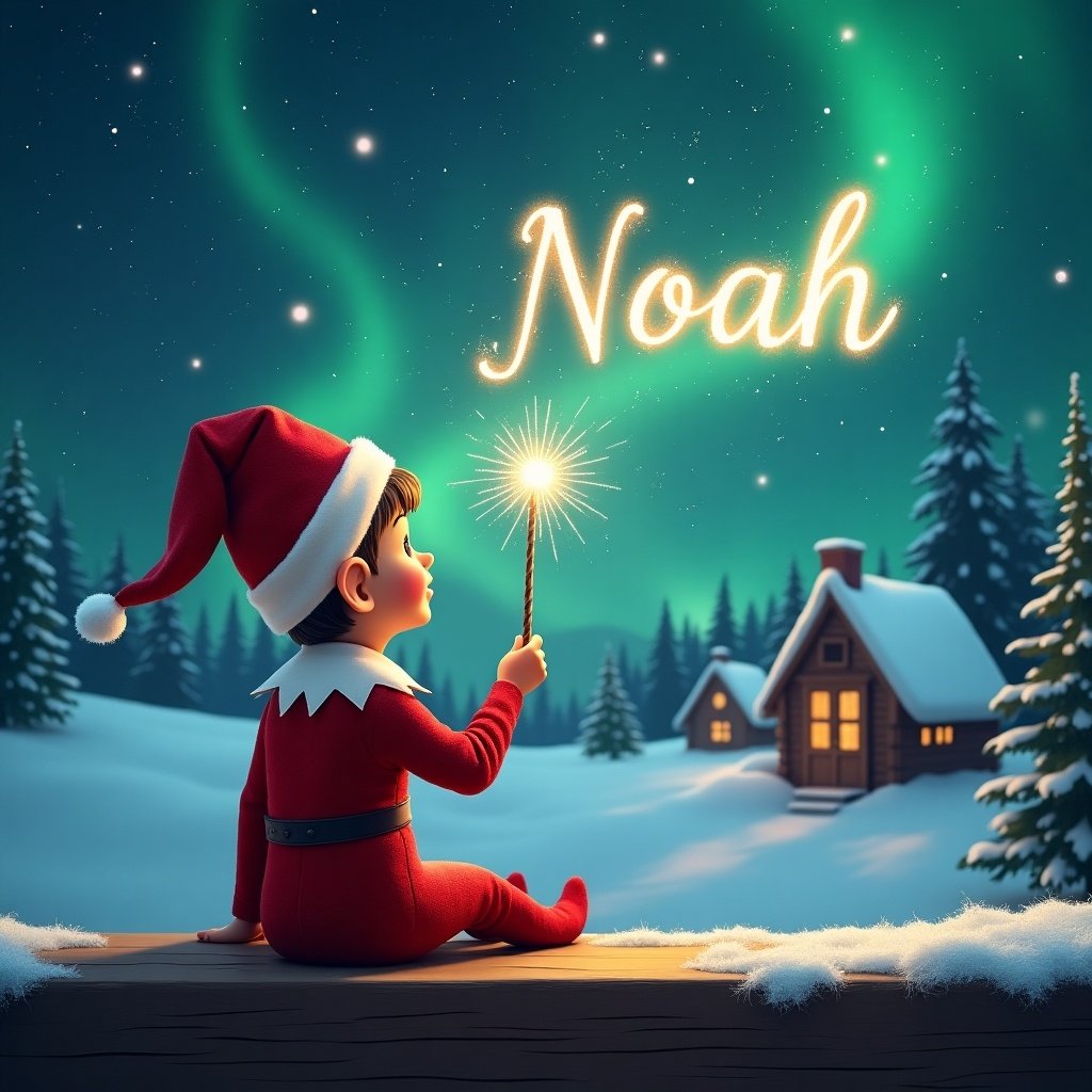 An elf dressed in red sits on a wooden ledge. The elf gazes at a magical sky with Northern Lights. The elf holds a wand that sparkles while writing 'Noah' in the sky. The scene features a snowy landscape with charming houses and evergreen trees.