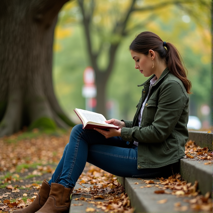 A woman reads a book while sitting on steps covered with autumn leaves.