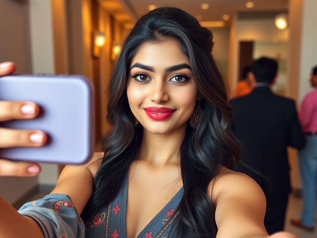 A woman taking a selfie in an elegant outfit at a social gathering.