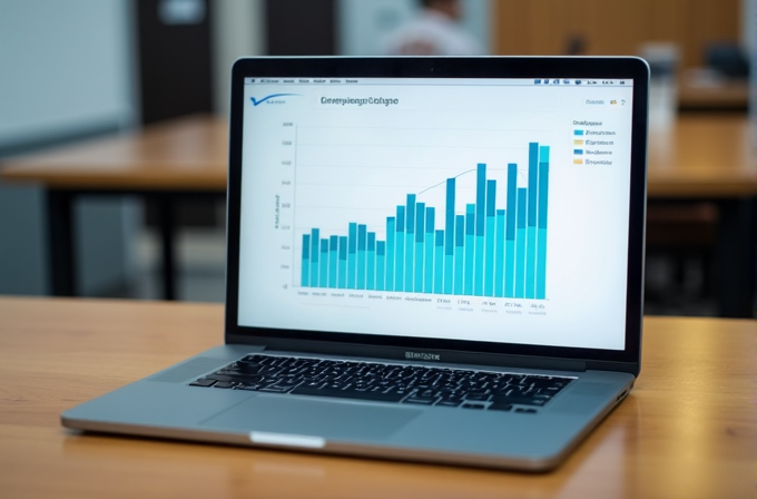 A laptop displays a bar chart with blue bars in an office setting.