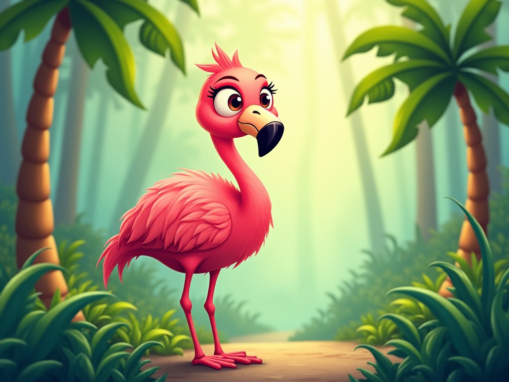 A cute, cartoon-style pink flamingo standing in a tropical jungle environment, surrounded by green palm trees and lush vegetation, with a bright and cheerful atmosphere.