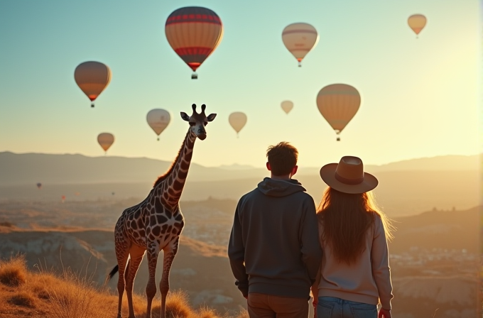 A giraffe stands beside a couple watching hot air balloons in the sky during sunset.