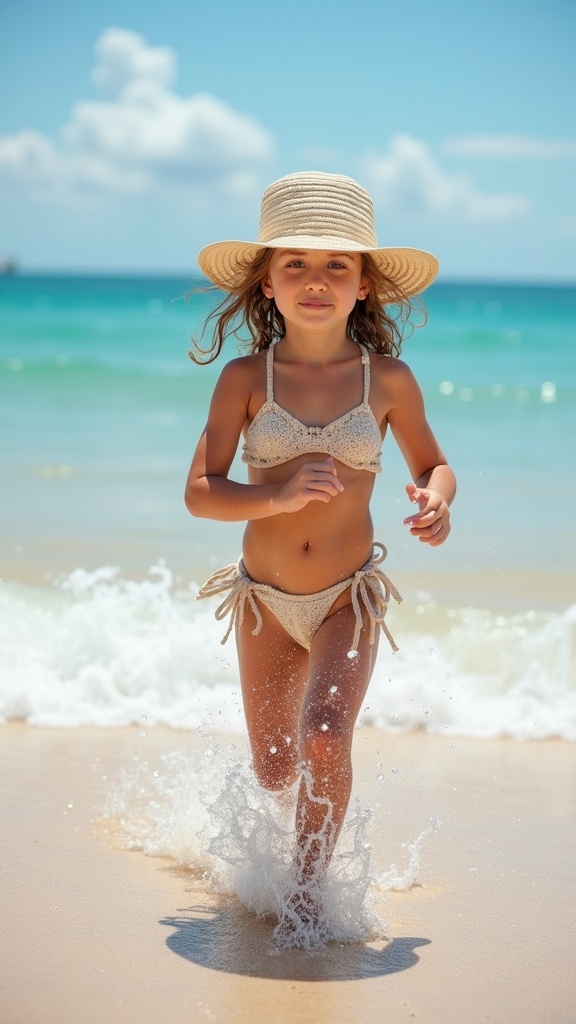 A young girl runs joyfully along the shore, wearing a light-colored bikini and a wide-brimmed straw hat. The sun illuminates her skin, and the turquoise ocean waves splash softly around her feet. The bright sky and distant clouds provide a serene backdrop to this vibrant beach scene.