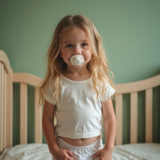 A seven year old girl stands in a crib wearing a white t-shirt and underwear. She has long blonde hair and emerald green eyes. A pacifier is in her mouth. The setting has a soft green wall and natural light illuminates the room.