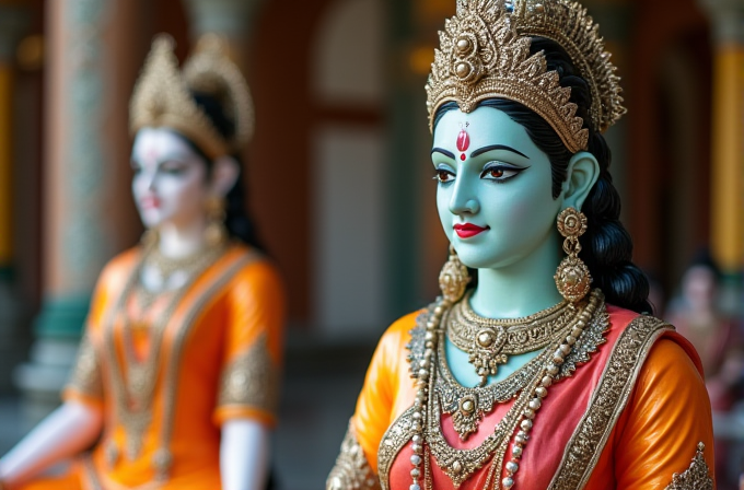 The image depicts two intricately detailed statues in vibrant traditional attire, with blue and white complexions and adorned with elaborate gold jewelry and headdresses.