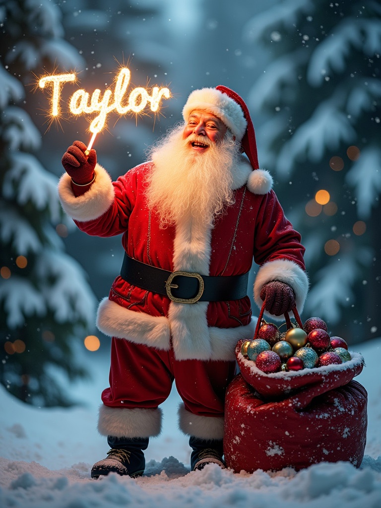 Joyful Santa Claus in vibrant red outfit. Fluffy white beard. Standing in snowy landscape with evergreen trees. Holding glow stick writing name 'Taylor' in sparkling letters. Large sack filled with colorful ornaments. Warm magical glow illuminating the scene.