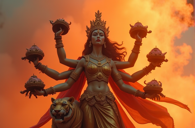 A multi-armed deity with a tiger against a dramatic fiery sky.