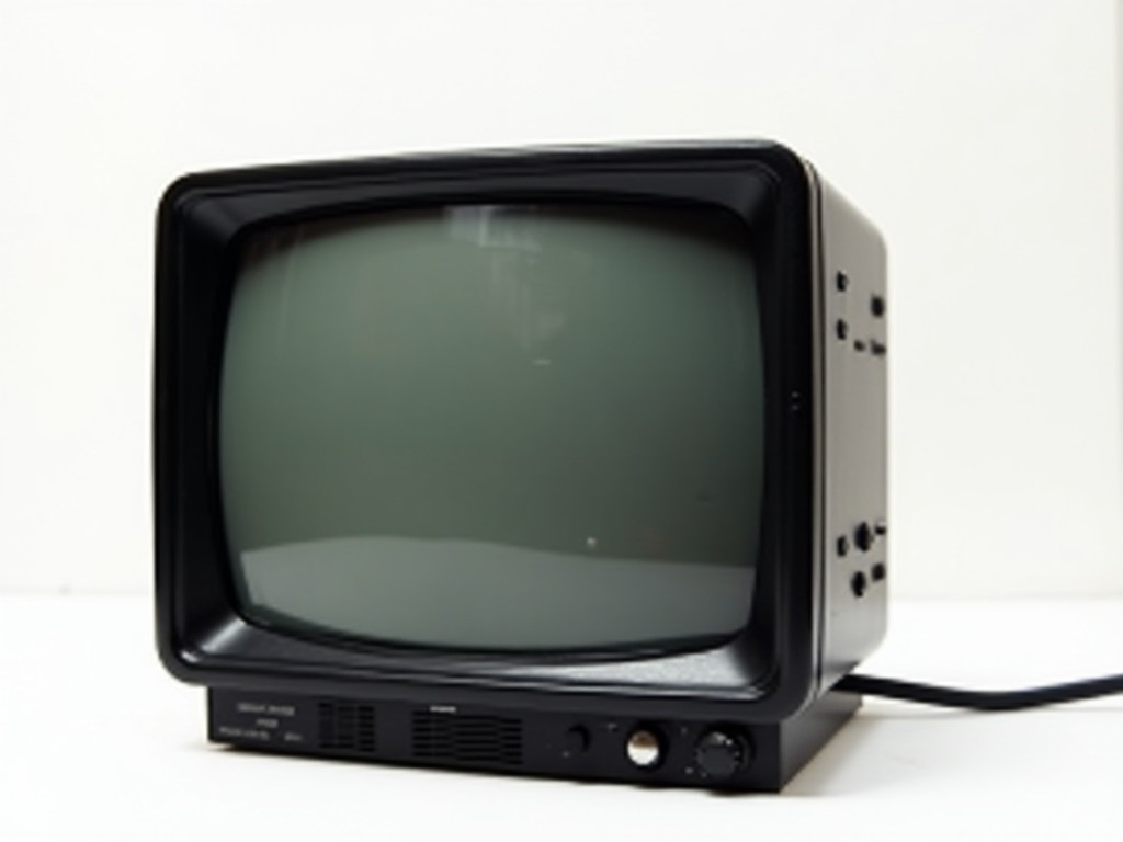 A photo of a vintage black television set with a curved screen on a white background.