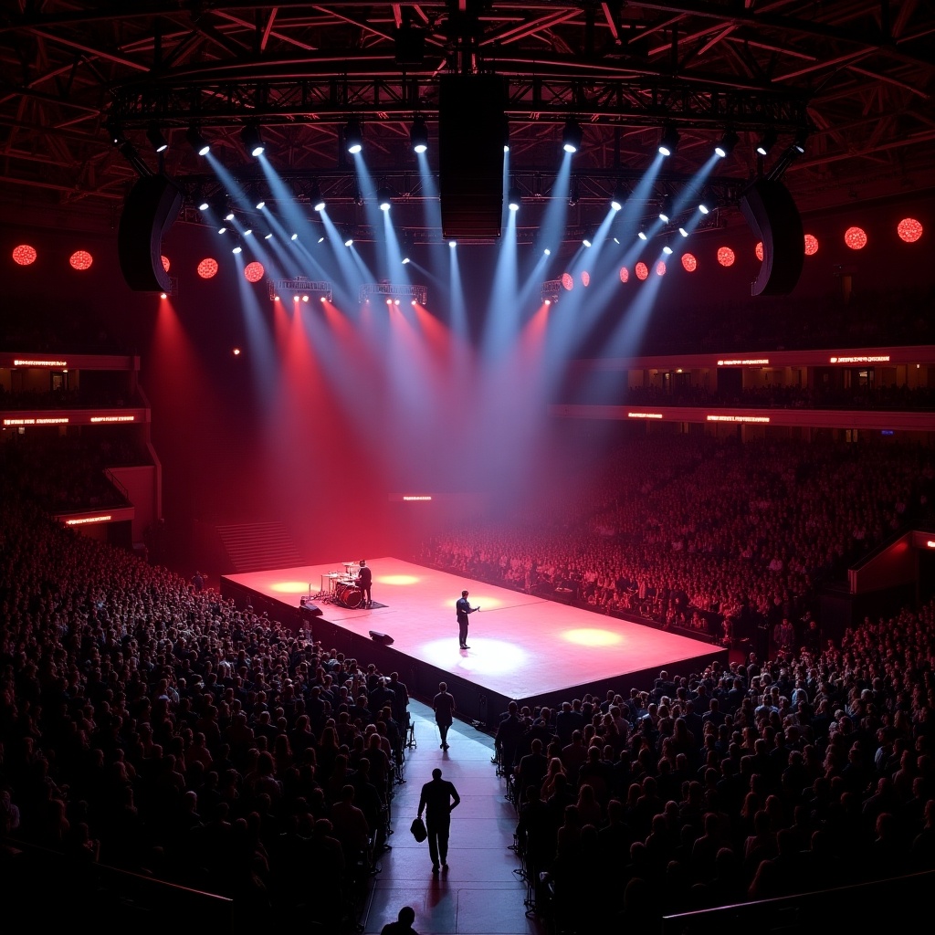 The image depicts a vibrant concert at Madison Square Garden featuring Roddy Ricch. From a drone's perspective, the scene overlooks a massive audience, all captivated by the performance. The stage is illuminated with dramatic lighting, showcasing the artist at center stage. A T-shaped runway extends from the main stage, adding to the venue's dynamic setup. The atmosphere is electric, representing the energy of a live music event.