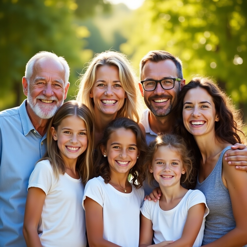 A joyful family portrait outdoors with six individuals. Grandfather, grandmother, parents, three young children all smiling together. Background has lush green trees with warm sunlight creating a serene atmosphere. Everyone shows happiness and connection, representing family love.