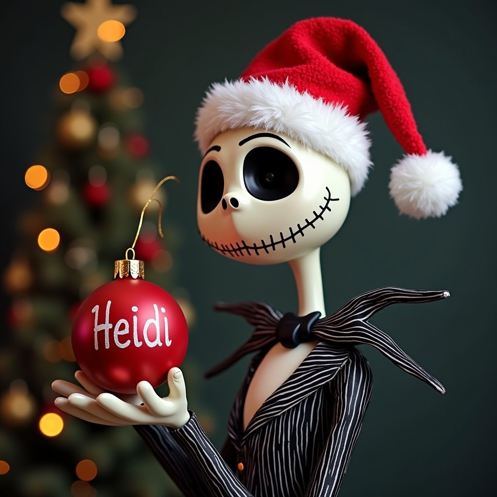 Jack Skellington wearing a Christmas hat holding a red bauble labeled Heidi. Background features a Christmas tree with lights.